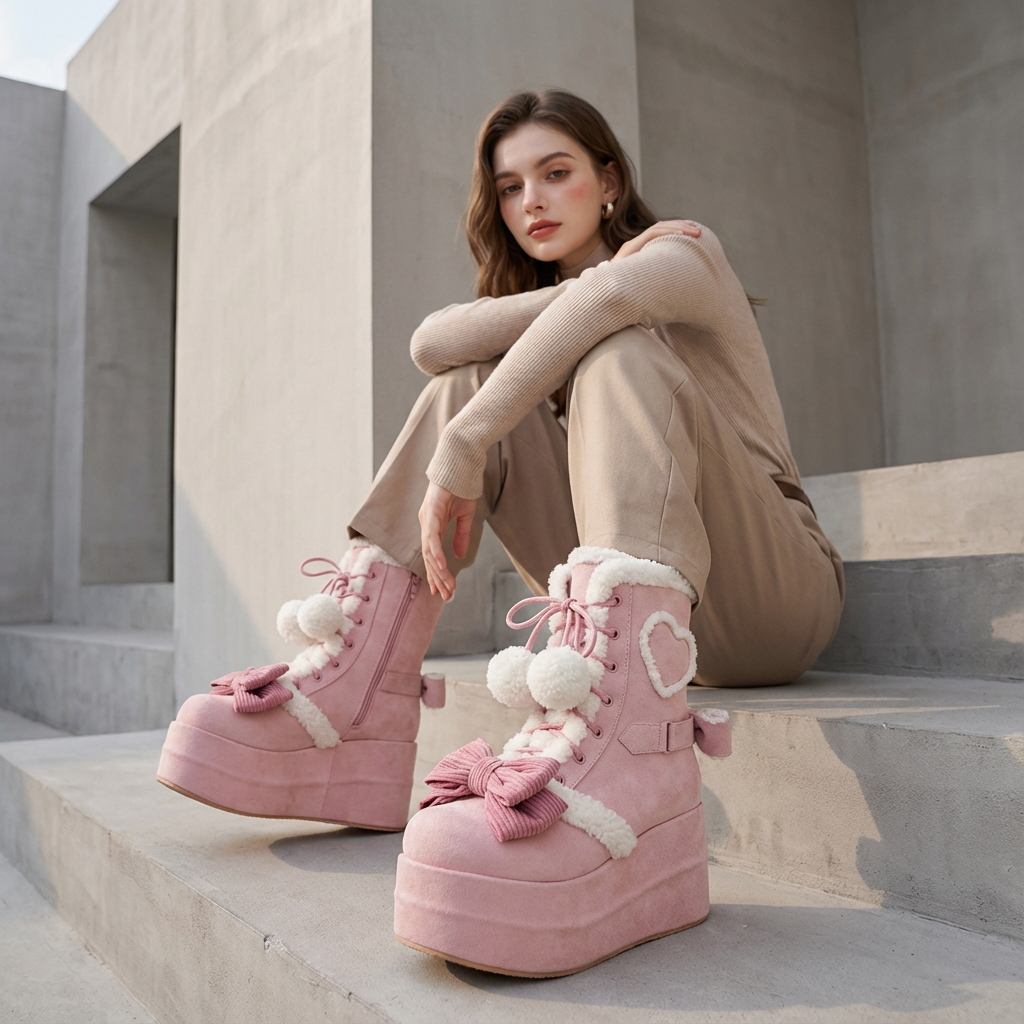 Luna Girls’ Platform Snow Boots | Faux Fur Trim, Bow Lace-Up