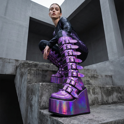 Punk Women's Motorcycle Boots | Wedge Design, Belt Buckle Detail