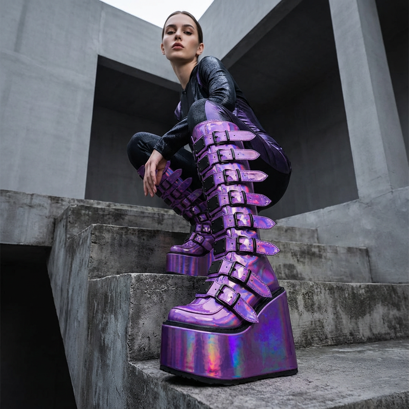 Punk Women's Motorcycle Boots | Wedge Design, Belt Buckle Detail