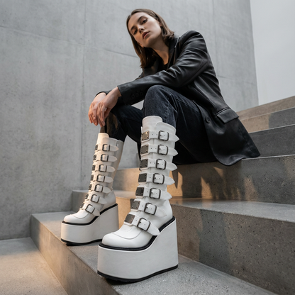 Punk Women's Motorcycle Boots | Wedge Design, Belt Buckle Detail