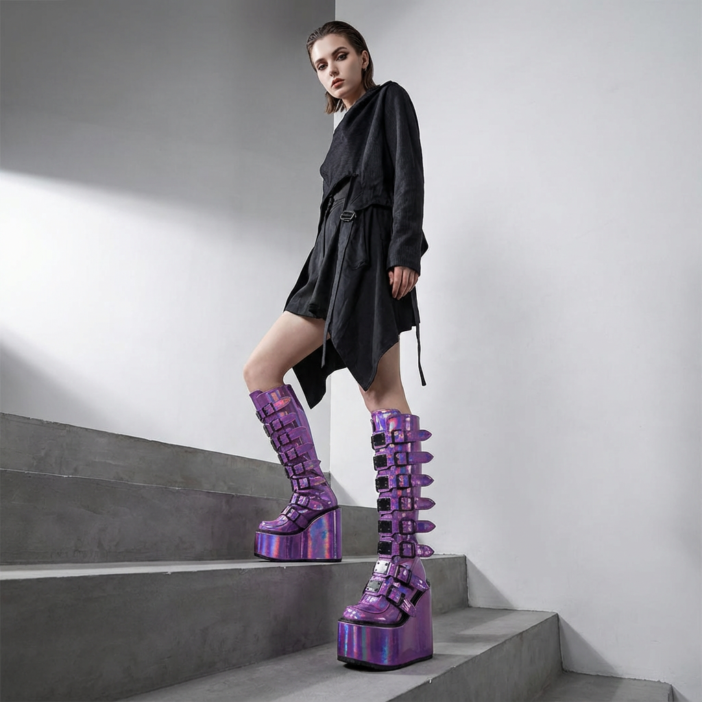 Punk Women's Motorcycle Boots | Wedge Design, Belt Buckle Detail