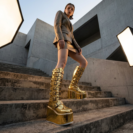 Botas de Motocicleta Punk para Mujeres | Diseño de Cuña, Detalle de Hebilla de Cinturón