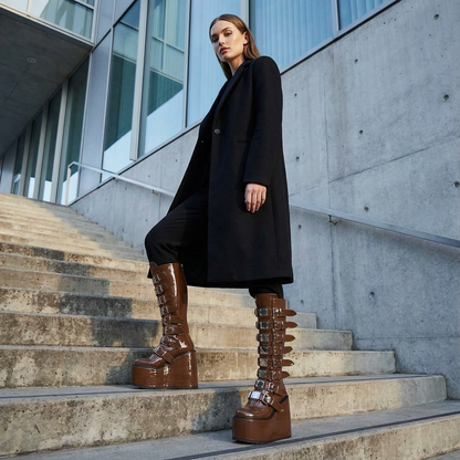 Punk Women's Motorcycle Boots | Wedge Design, Belt Buckle Detail