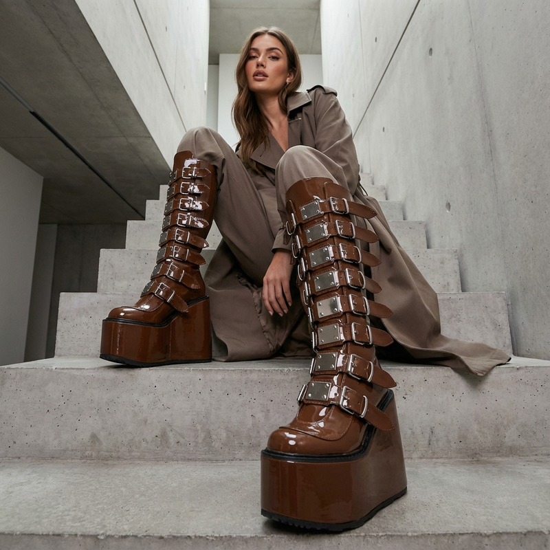 Punk Women's Motorcycle Boots | Wedge Design, Belt Buckle Detail