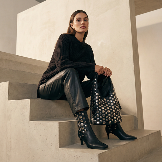 Arden Women’s Studded Bucket Bag | Bold Metallic Detail, City Edge