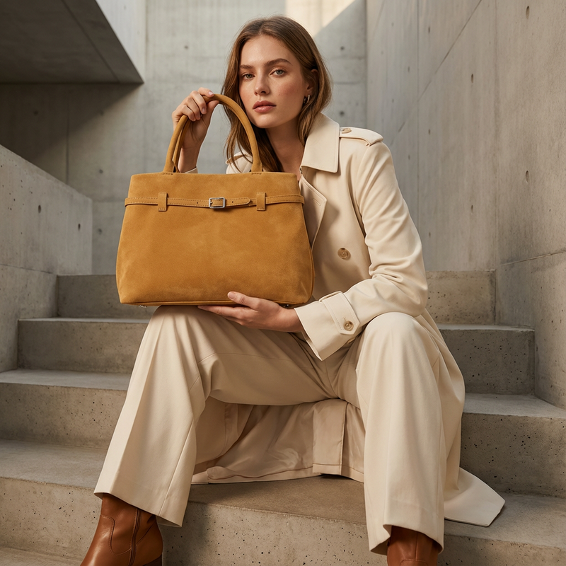 Aurelia Women’s Suede Handbag | Belted Front Design, Top Handle