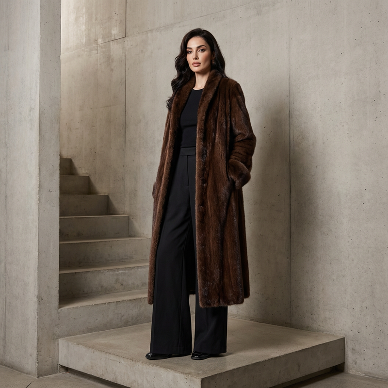 Lena Women's Faux Fur Long Coat | Shawl Collar, Wide Fur Cuffs