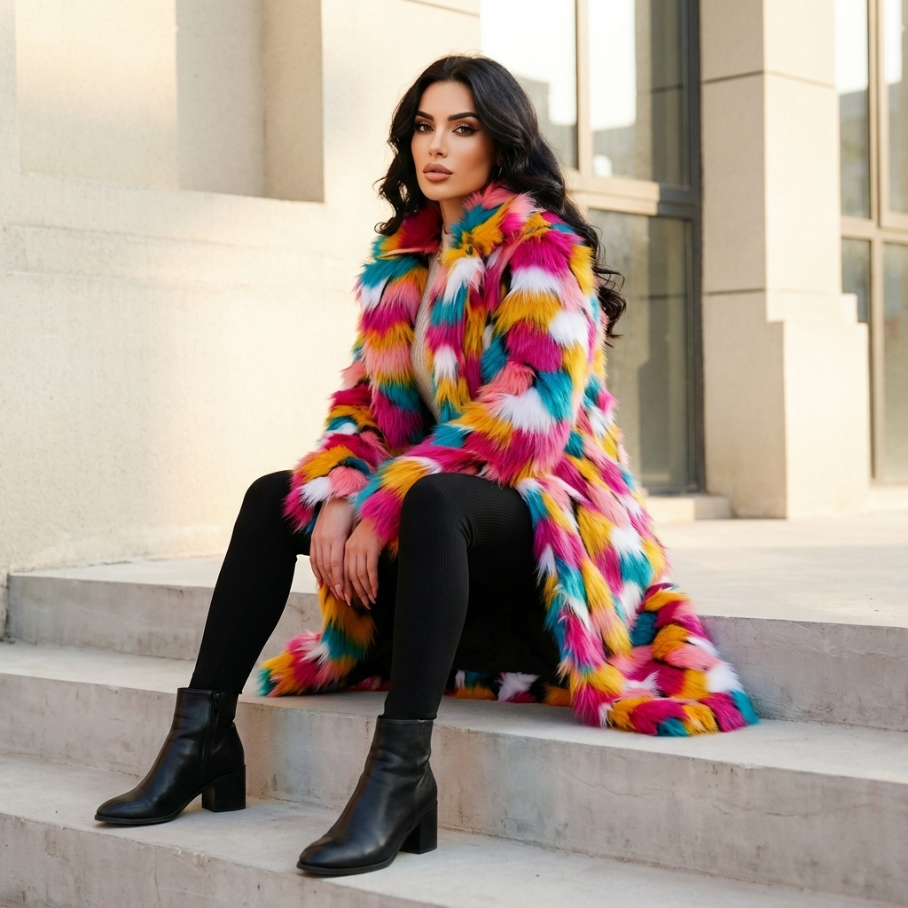 Abrigo de Piel Sintética para Mujer Evelyn | Diseño Arcoíris Vibrante, Abrigo de Invierno Elegante