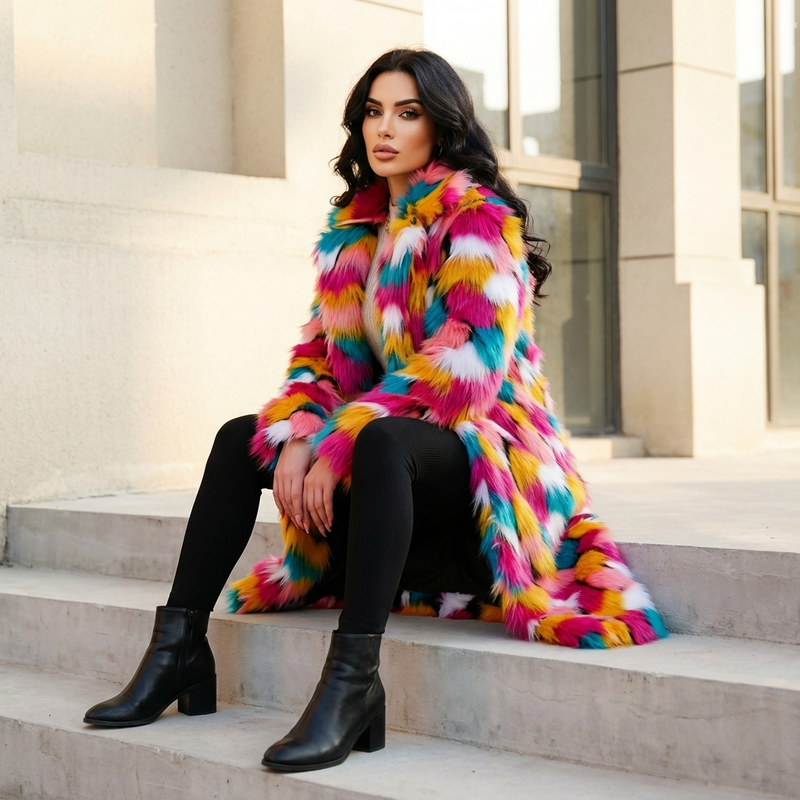 Abrigo de Piel Sintética para Mujer Evelyn | Diseño Arcoíris Vibrante, Abrigo de Invierno Elegante