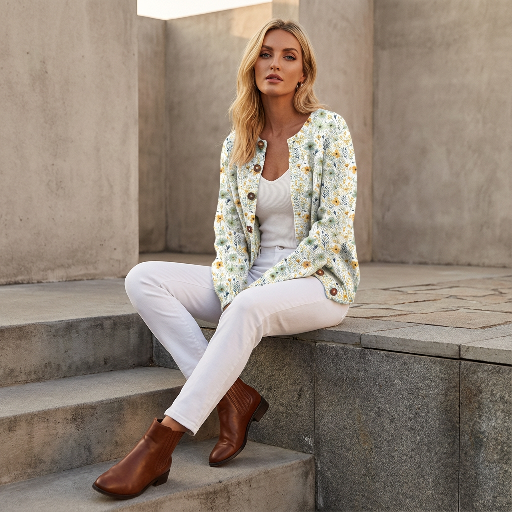 Arlena Women’s Floral Cardigan | Button Front, Round Neckline