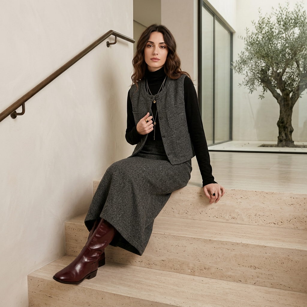 Conjunto de traje para mujer Elysia | Tweed gris casual, 3 piezas