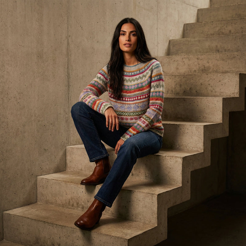 Avelyn Women’s Knit Sweater | Boat Neck, Multicolor Pattern