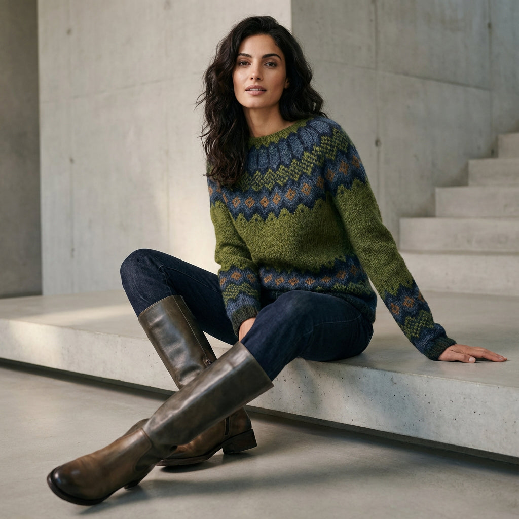 Avelyn Women’s Knit Sweater | Boat Neck, Multicolor Pattern