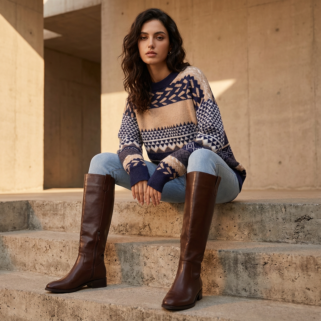 Zavira Women’s Knit Sweater | Nordic Pattern, Crew Neck