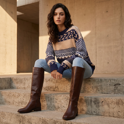 Zavira Women’s Knit Sweater | Nordic Pattern, Crew Neck