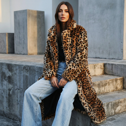 Manteau en fausse fourrure pour femmes Leona | Imprimé léopard, col à revers cranté