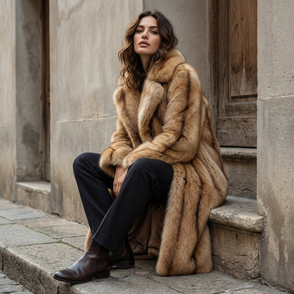 Nina Women's Maxi Coat | Faux Fur, Striped Design