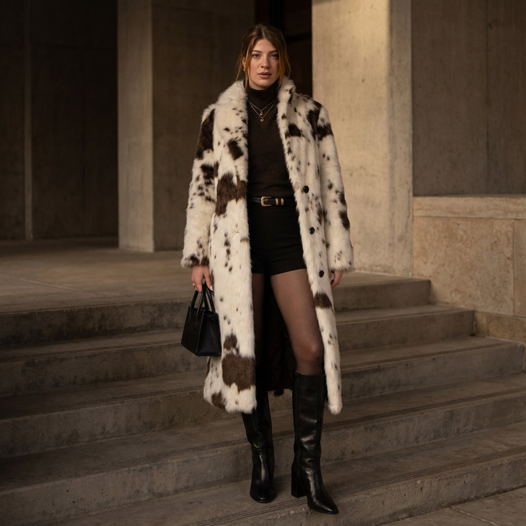 Nina Women's Faux Fur Coat | Cow Print, Winter Warmth