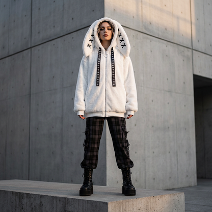 Neko Women's Faux Fur Hoodie Jacket | Bunny Ear Hood, Cross-Stitch Detail