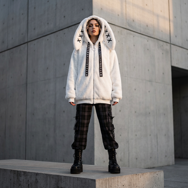 Neko Women's Faux Fur Hoodie Jacket | Bunny Ear Hood, Cross-Stitch Detail