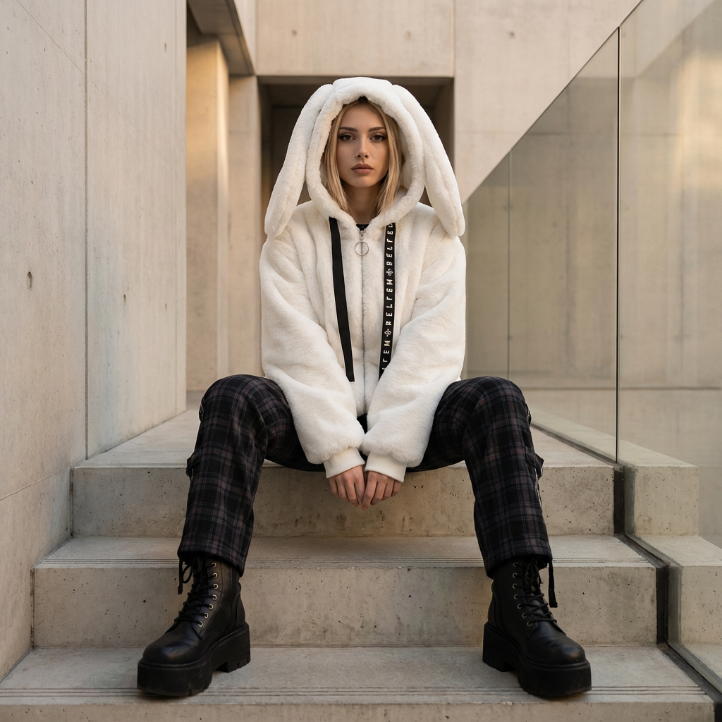 Neko Women's Faux Fur Hoodie Jacket | Bunny Ear Hood, Cross-Stitch Detail