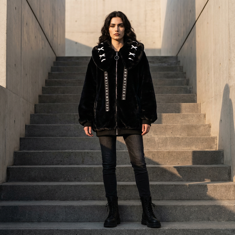 Neko Women's Faux Fur Hoodie Jacket | Bunny Ear Hood, Cross-Stitch Detail