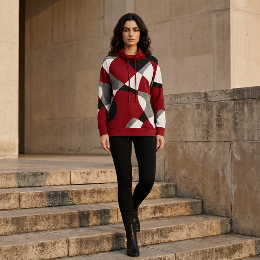 Virella Women’s Pullover Hoodie | Geometric Print, Cowl Neck