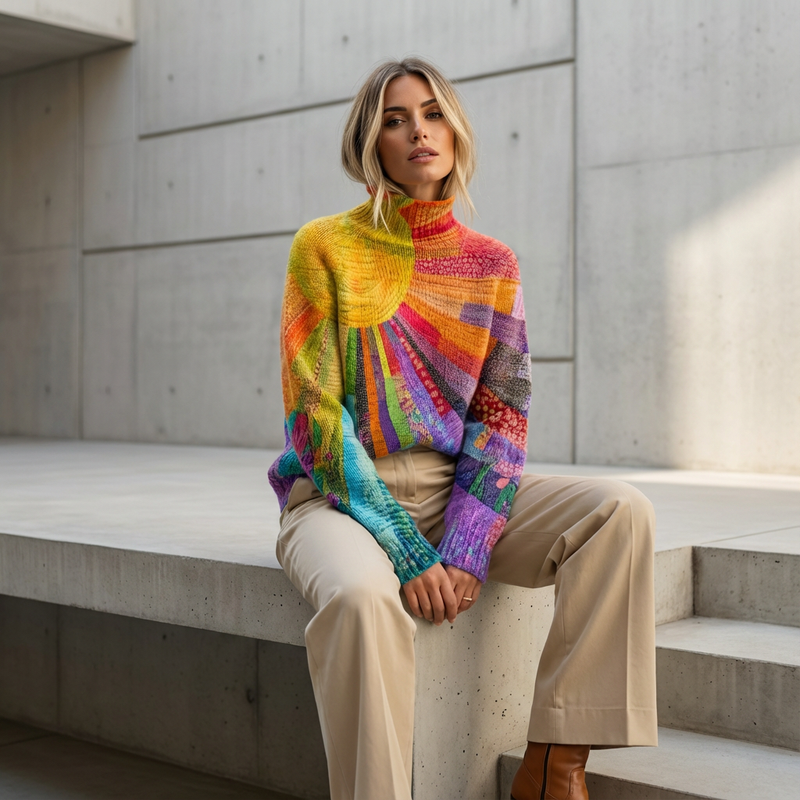 Willow Zerelle Women’s Turtleneck Sweater | Multicolor Patchwork Print, Relaxed Fit