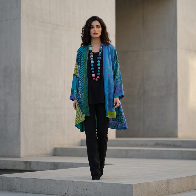 Aurex Women’s Open Cardigan | Patchwork Print, Relaxed Silhouette