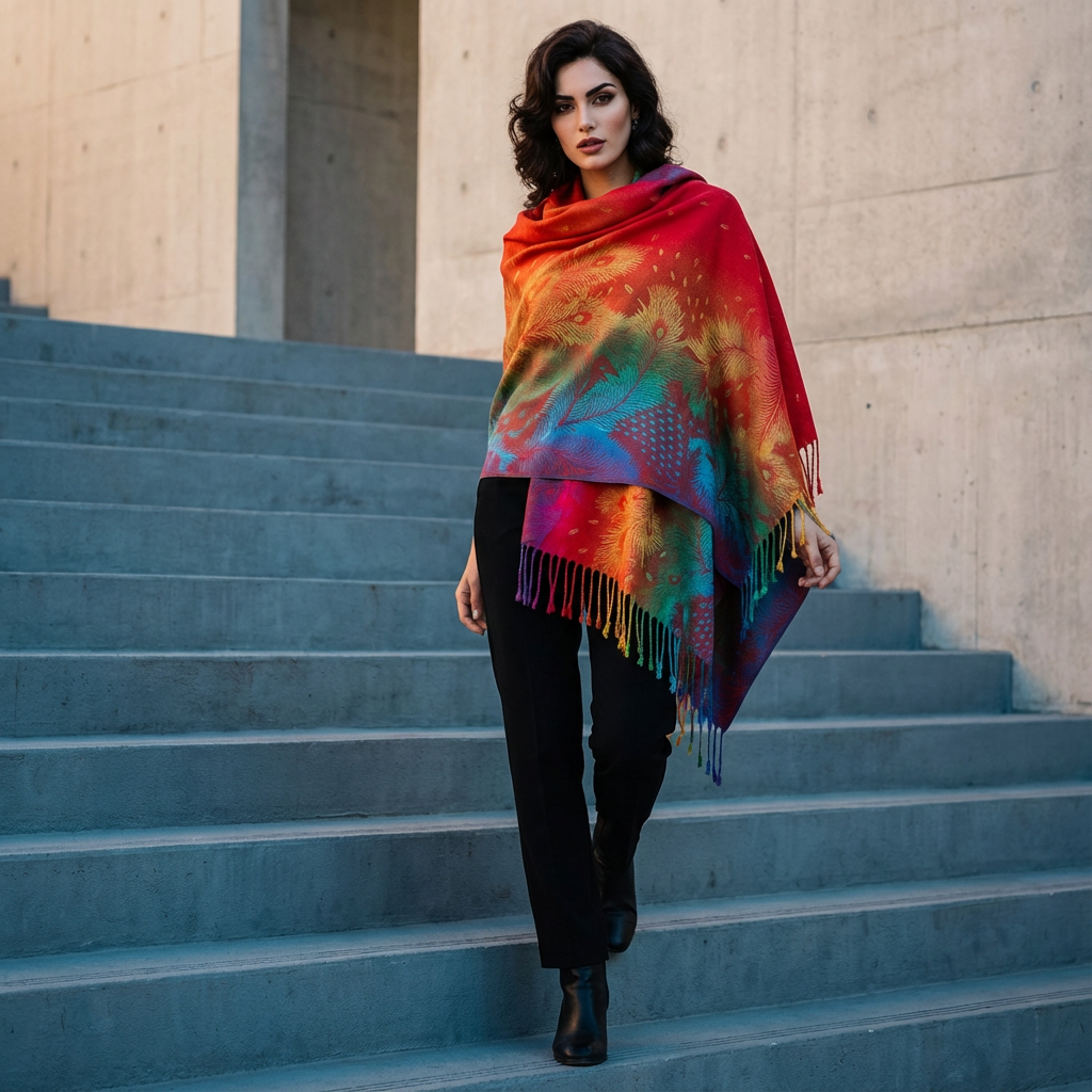 Zephyra Women’s Wrap Scarf | Multicolor Pattern, Fringed Edges
