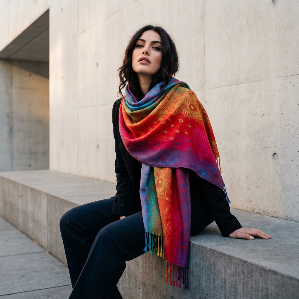 Zephyra Women’s Wrap Scarf | Multicolor Pattern, Fringed Edges