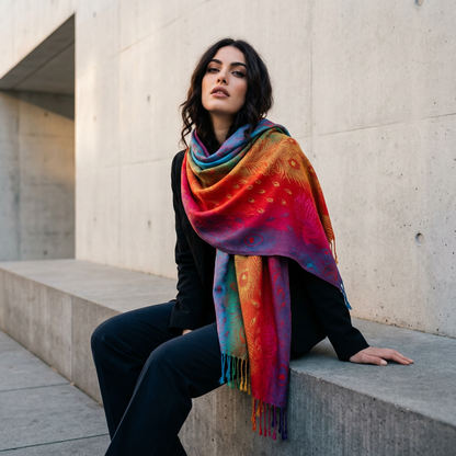 Zephyra Women’s Wrap Scarf | Multicolor Pattern, Fringed Edges