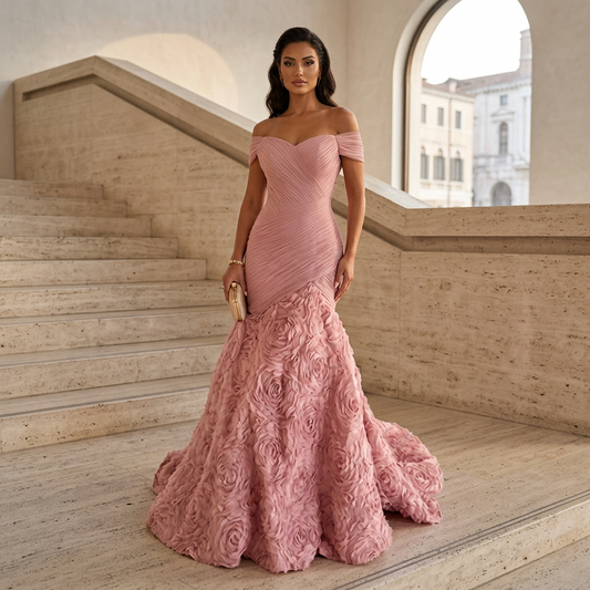 Holly Women's Formal Dress | Off-the-Shoulder, Handmade Flower Detail