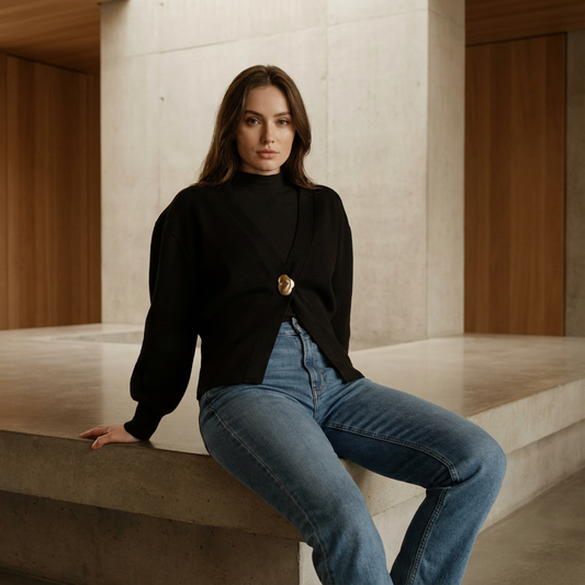 Amira Women’s Cardigan Jacket | Deep V-Neck, Single Button Closure