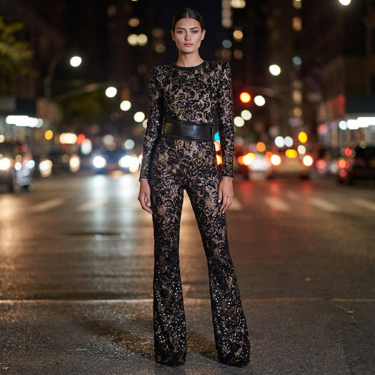 Pine Women’s Jumpsuit | Floral Lace Overlay, Flared Legs