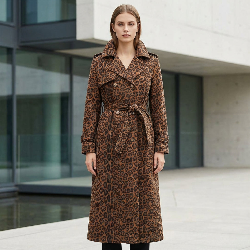 Manteau long pour femme Roma | Imprimé léopard, taille ceinturée
