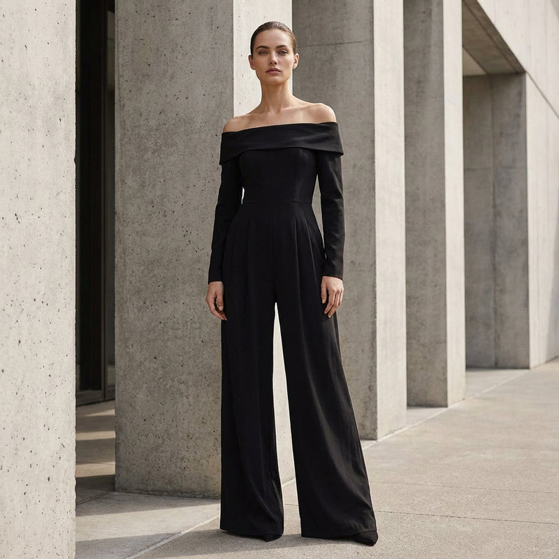 Combinaison pour femme Viola | Encolure épaules dénudées plissée, silhouette jambe large