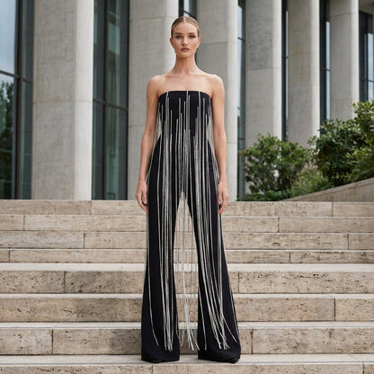 Wren Estelle Women's Strapless Jumpsuit | Polyester, Crystal Chain Detail
