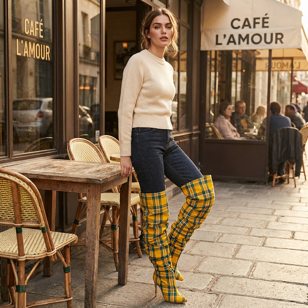 Pia Women's Thigh High Boots | Plaid Over Knee, Pointed Toe