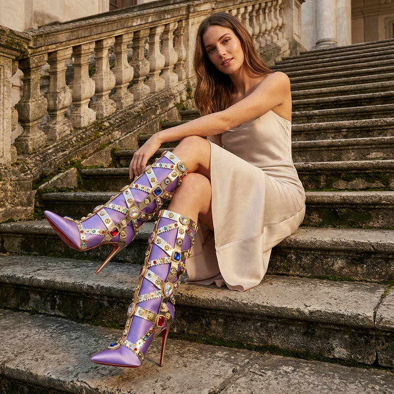 Aurelia Women’s Jewel Stiletto Boots | Crystal Straps, Sculpted Heel