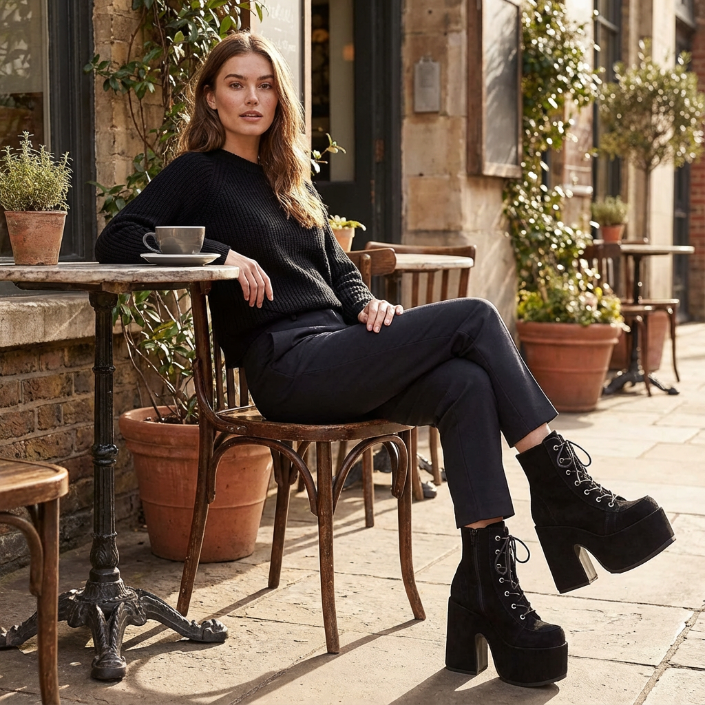 Tina Women's Black Punk Boots | Thick Sole, Lace-Up Design