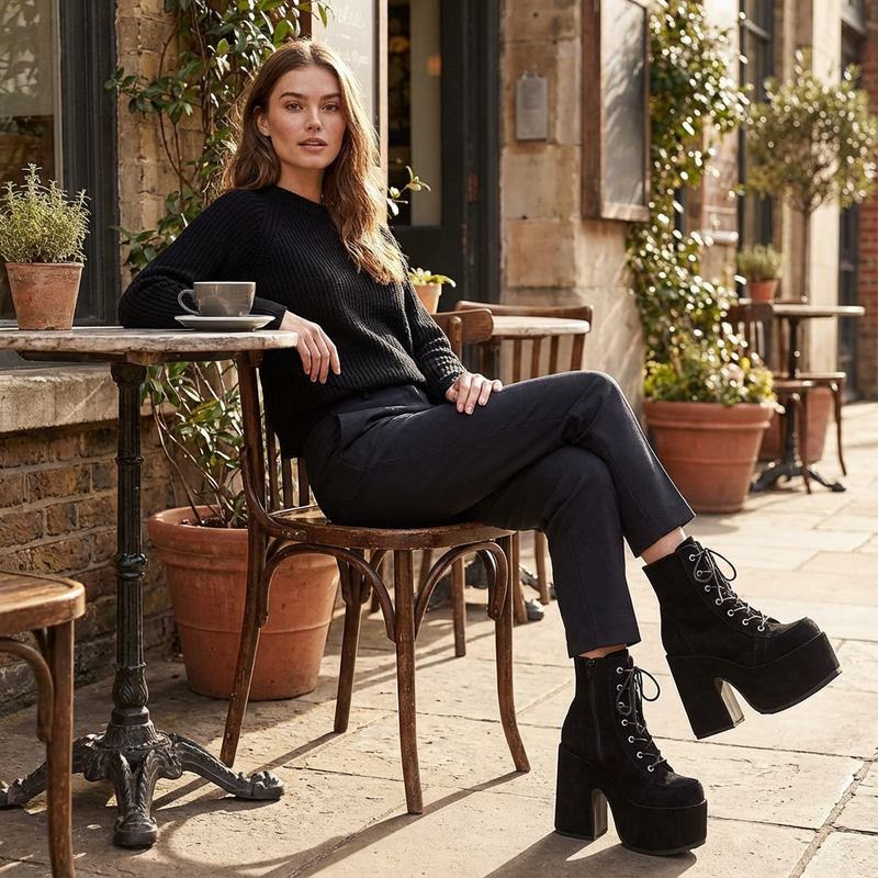 Tina Women's Black Punk Boots | Thick Sole, Lace-Up Design