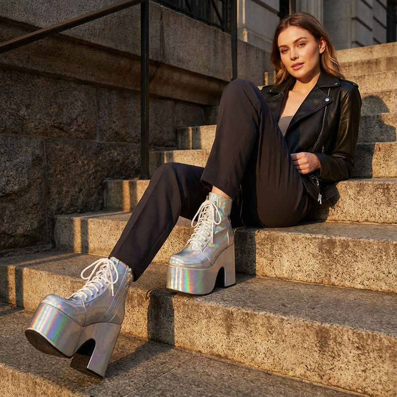 Tina Women's Black Punk Boots | Thick Sole, Lace-Up Design