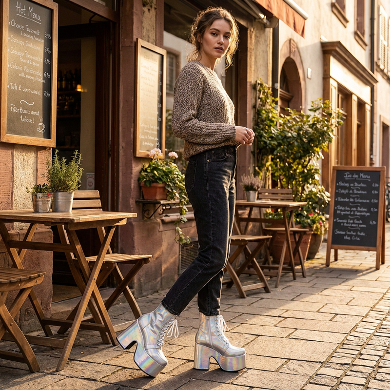 Tina Women's Black Punk Boots | Thick Sole, Lace-Up Design