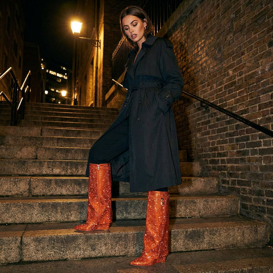 Botas hasta la rodilla para mujer Rina | Embellecidas con strass, acabado brillante