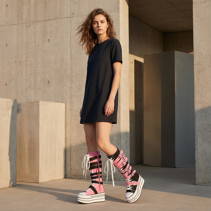 Rita Women's Canvas Boots | Thick Sole, Rivet Belt Buckle