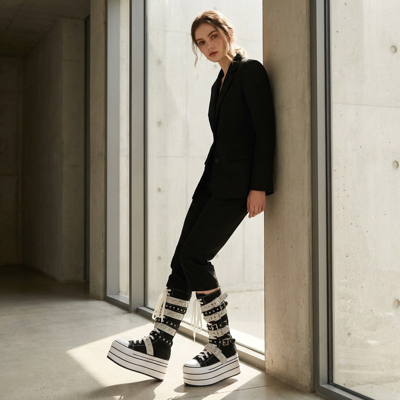 Rita Women's Canvas Boots | Thick Sole, Rivet Belt Buckle