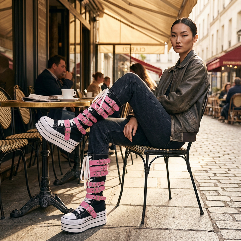 Rita Women's Canvas Boots | Thick Sole, Rivet Belt Buckle