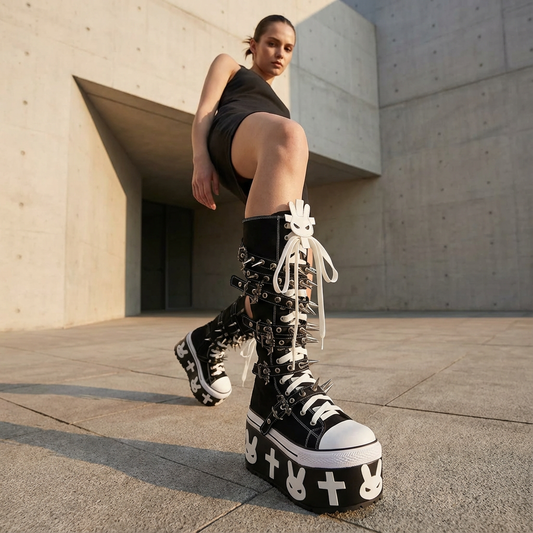 Rita Women's Canvas Boots | Thick Sole, Rivet Belt Buckle