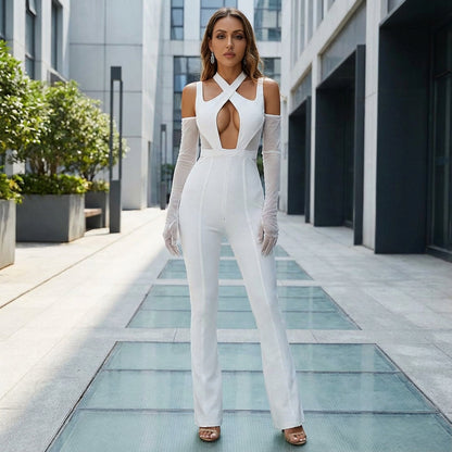 Ivory Women's Bandage Jumpsuit | Cross Halter Neckline, Flared Leg Silhouette